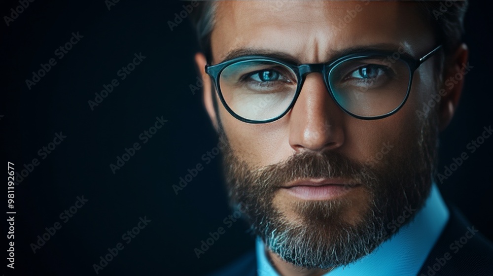 A man with glasses and a beard is wearing a blue shirt and a suit A man with glasses and a beard is wearing a blue shirt and a suit