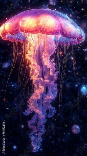 Vibrant purple jellyfish glowing underwater in a surreal ocean scene photo