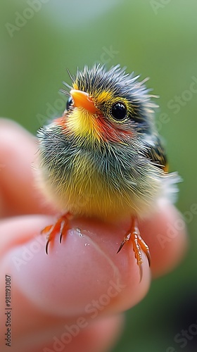 Adorable baby bird perched on finger with delicate feathers photo