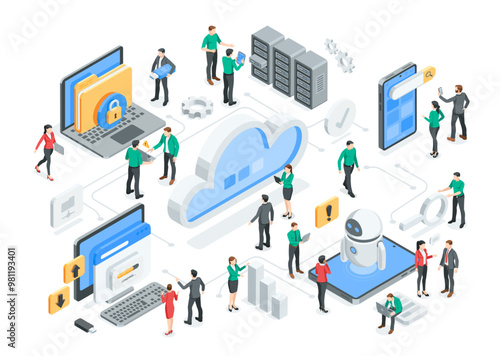 isometric vector people working with data near cloud and computers and smartphone, in color on white background, cloud data storage or server technology
