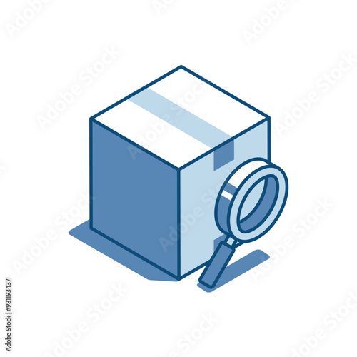 isometric vector box and magnifier linear icon, in color on white background, package tracking or search order
