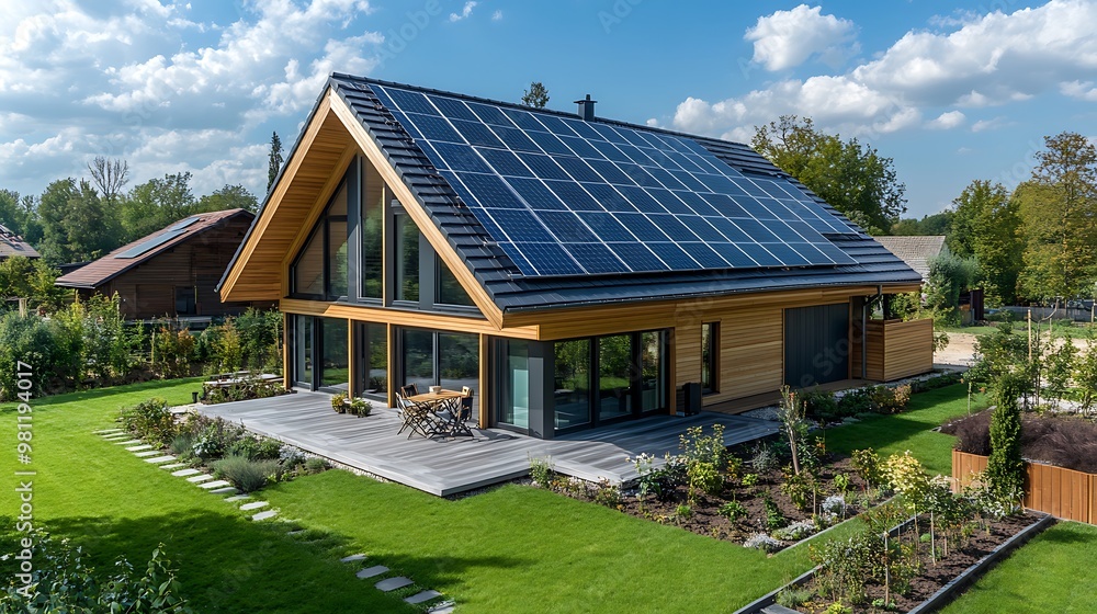 A modern house with solar panels surrounded by greenery and a well-maintained garden. A modern house with solar panels surrounded by greenery and a well-maintained garden.