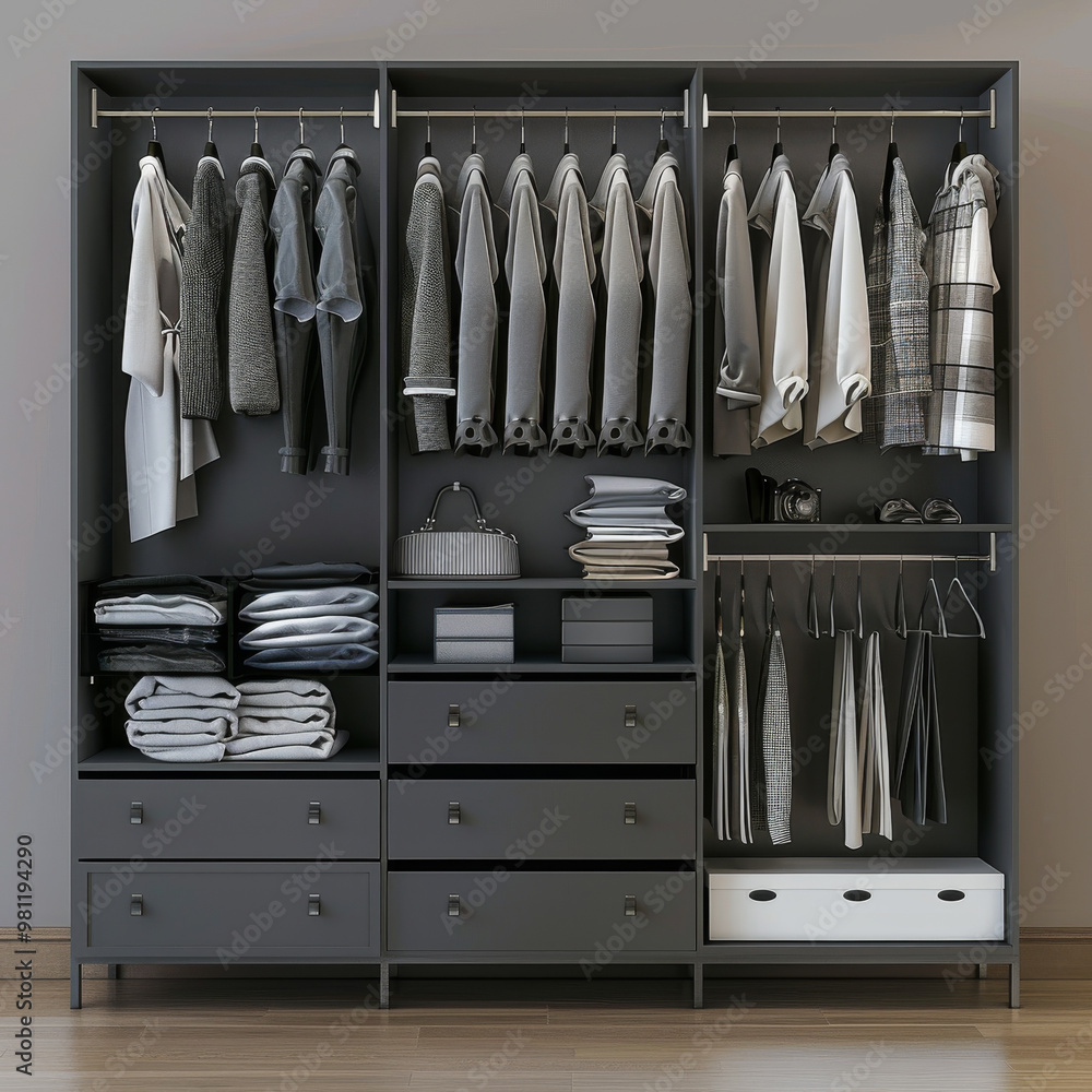 Organized wardrobe with open rack for hanging clothes, featuring neatly folded garments and storage drawers, creating stylish and functional space Organized wardrobe with open rack for hanging clothes, featuring neatly folded garments and storage drawers, creating stylish and functional space