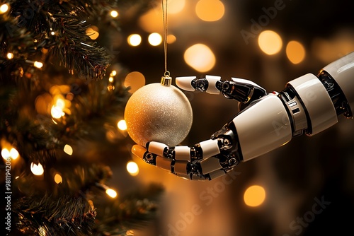 Robot hand delicately placing a Christmas ornament on tree photo