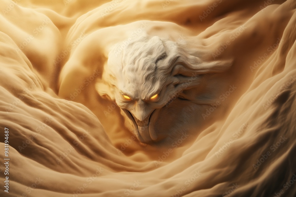 Digital artwork depicting a sand demon with glowing yellow eyes and a menacing expression emerging from swirling desert sands, creating a sense of mystique and fear. Digital artwork depicting a sand demon with glowing yellow eyes and a menacing expression emerging from swirling desert sands, creating a sense of mystique and fear.