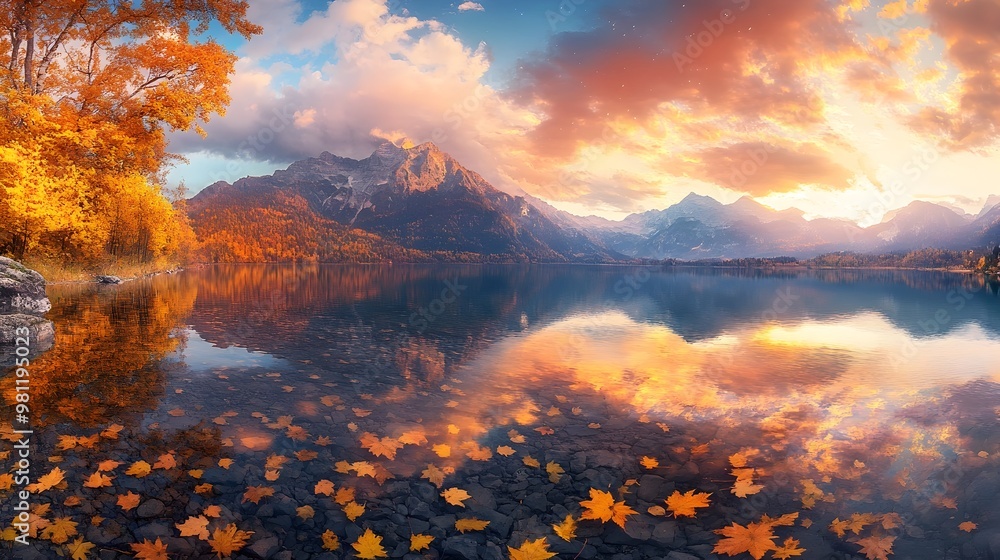 Naklejka premium Stunning Autumn Landscape with Dramatic Mountain Reflection in Serene Alpine Lake