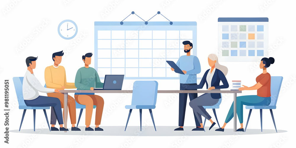 Flat Candid Office Team Meeting: Vector Illustration of Collaboration, Planning 2025 Goals with Calendars in a Smart Business Environment Flat Candid Office Team Meeting: Vector Illustration of Collaboration, Planning 2025 Goals with Calendars in a Smart Business Environment