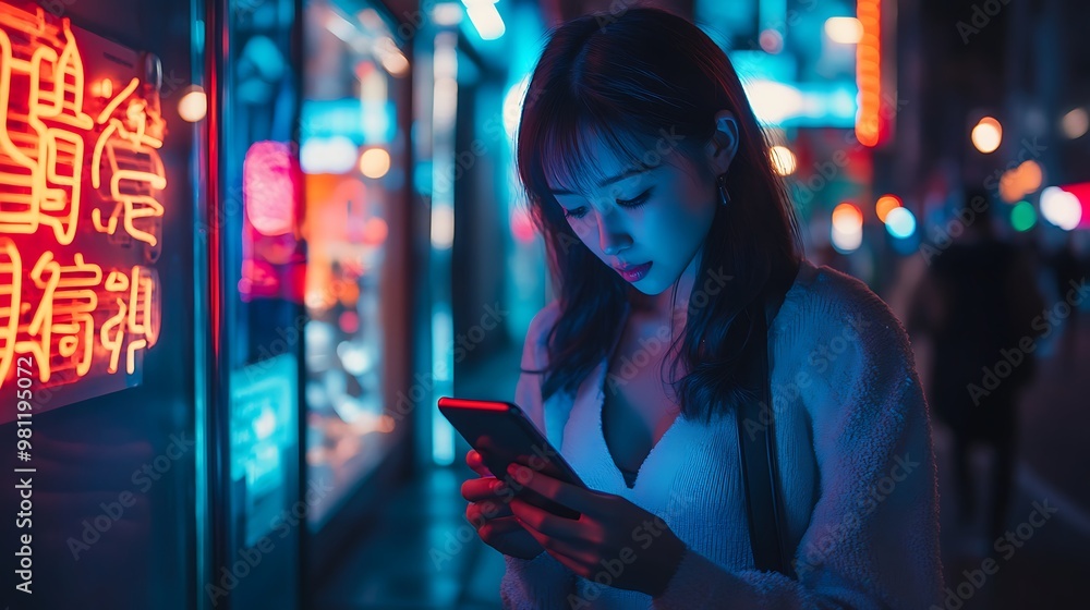 A young woman engrossed in her phone, illuminated by vibrant neon lights in an urban setting. A young woman engrossed in her phone, illuminated by vibrant neon lights in an urban setting.