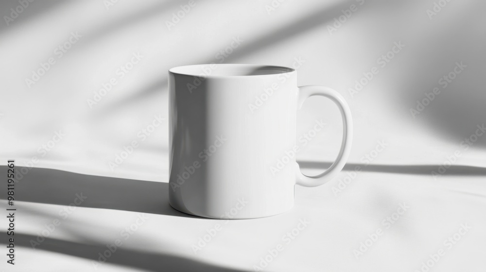 Mock-up of a white ceramic mug on a neutral backdrop with shadows and reflections perfect for showcasing designs and logos Mock-up of a white ceramic mug on a neutral backdrop with shadows and reflections perfect for showcasing designs and logos
