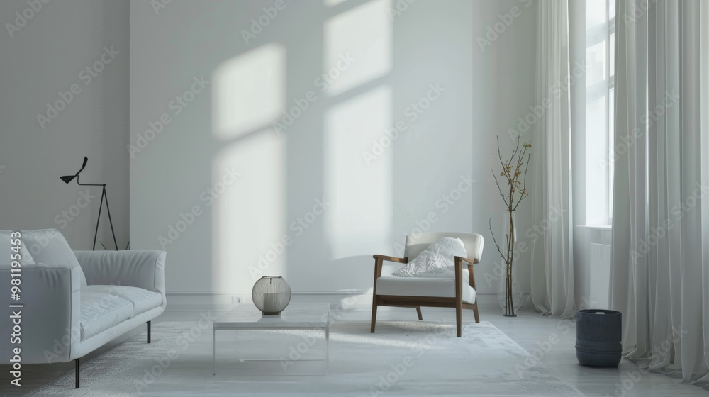 Fototapeta premium A serene modern living room featuring minimalist Scandinavian design elements. space is adorned with soft natural light, highlighting white sofa, wooden chair, and elegant decor