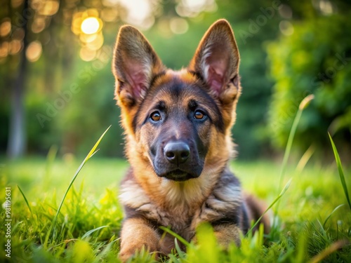 Adorable young German Shepherd dog with fluffy coat and floppy ears lies in green grass, enjoying nature, with innocent eyes and wagging tail.