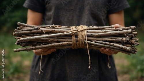 Bundle of sticks tied together. photo