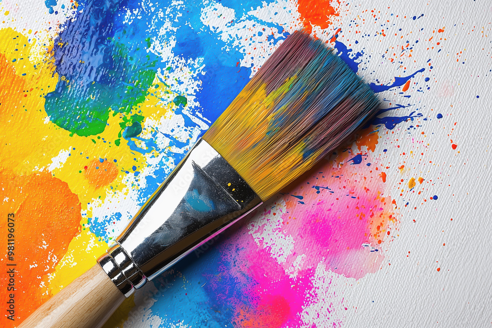 Fototapeta premium Paintbrush spreading vibrant splashes of color across white canvas 