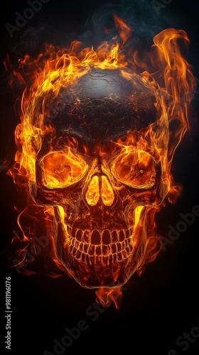 Fiery skull engulfed in flames with a dark background photo