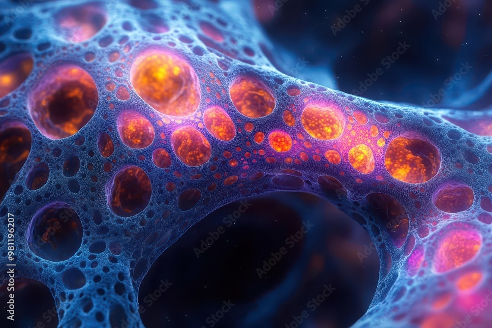 surreal electron microscope image of cellular structure neon colors highlighting intricate patterns abstract scientific beauty surreal electron microscope image of cellular structure neon colors highlighting intricate patterns abstract scientific beauty