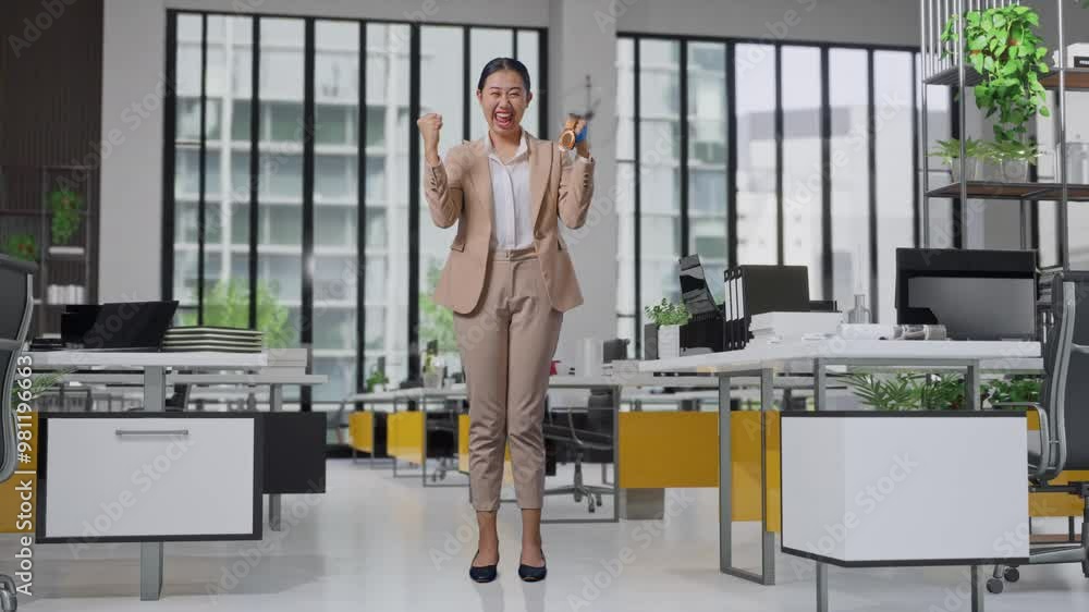 Full Body Of Asian Business Woman In A Suit Looking At A Gold Medal Then Screaming Goal Celebrating Winning As The First Winner In The Office Full Body Of Asian Business Woman In A Suit Looking At A Gold Medal Then Screaming Goal Celebrating Winning As The First Winner In The Office