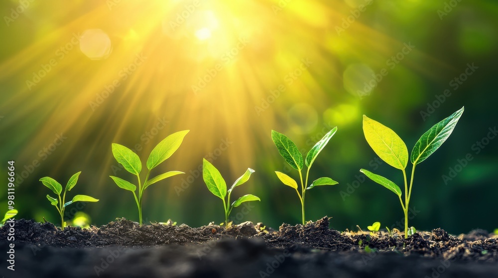 Sprouting Seedlings Growing in Lush Green Environment with Bright Sunlight Beaming Down Sprouting Seedlings Growing in Lush Green Environment with Bright Sunlight Beaming Down