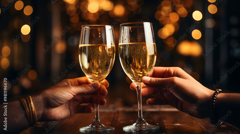 Two hands clink glasses with champagne. christmas tradition Two hands clink glasses with champagne. christmas tradition