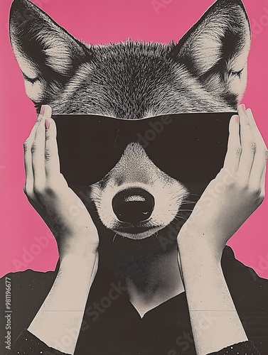 Fashionable wolf in sunglasses and pink background photo