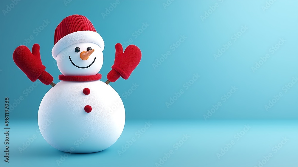 Happy snowman wearing a red Santa hat and mittens Happy snowman wearing a red Santa hat and mittens