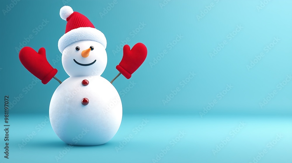 Happy snowman wearing a red Santa hat and mittens Happy snowman wearing a red Santa hat and mittens