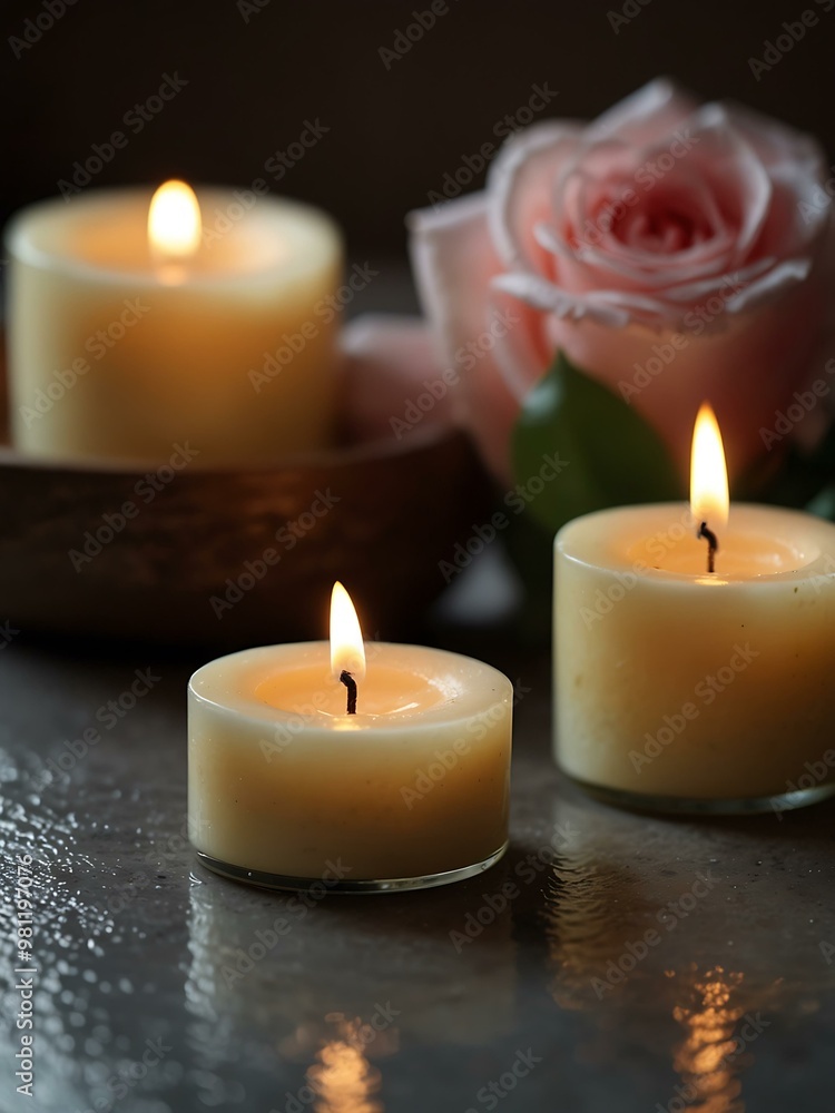Burning candles with rose flowers in a serene spa background. Burning candles with rose flowers in a serene spa background.