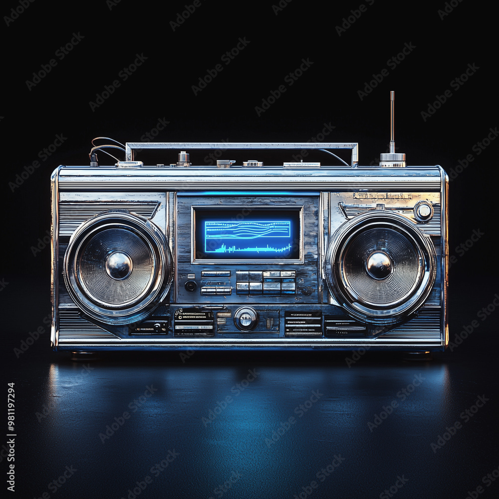 Classic retro boombox with metallic finish on black background
Classic retro boombox with metallic finish on black background
