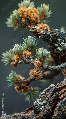 Close-up of Pine Tree Branch with Delicate Needles and Cones