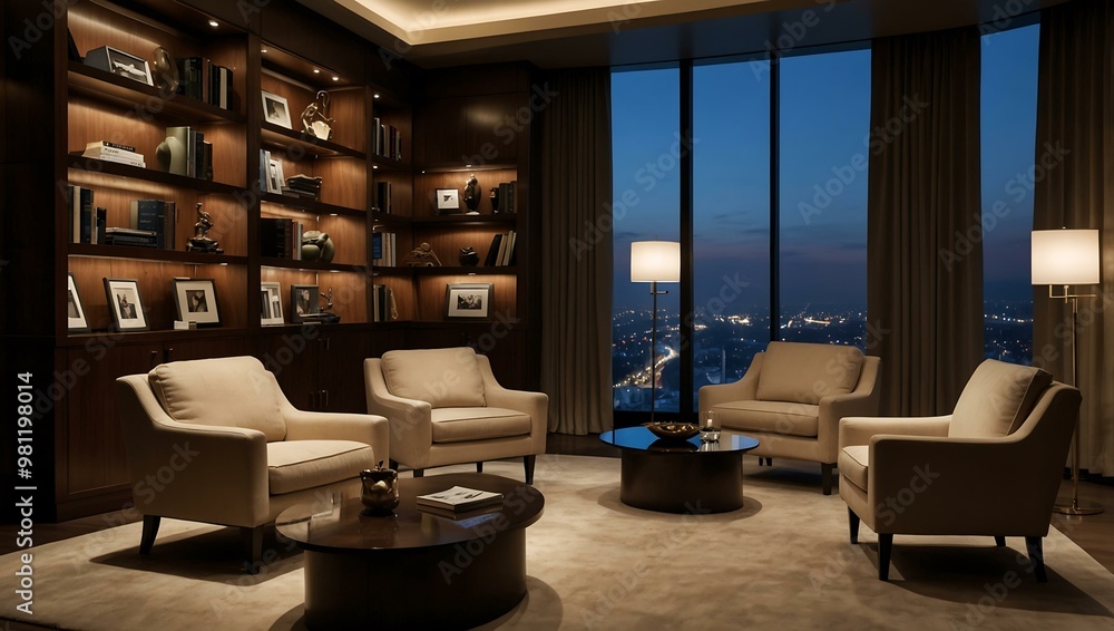 Business lounge with a grand bookshelf, plush armchairs, and ambient lamps, perfect for reading and reflection. Business lounge with a grand bookshelf, plush armchairs, and ambient lamps, perfect for reading and reflection.