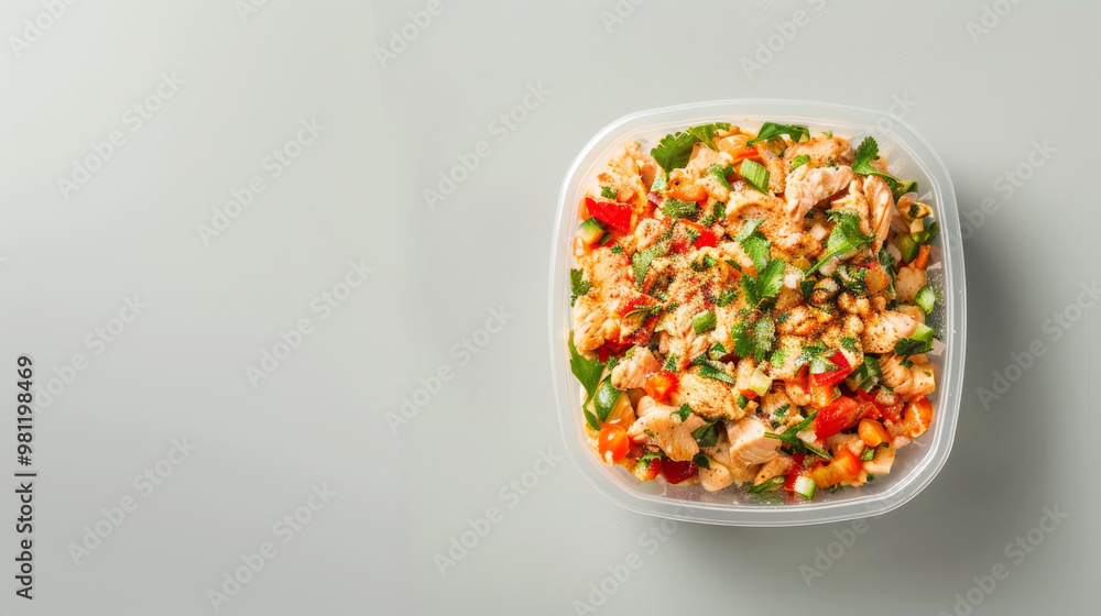 Fresh and colorful Mexican chicken salad in clear container, featuring vibrant vegetables and herbs. This healthy dish is perfect for nutritious meal or snack Fresh and colorful Mexican chicken salad in clear container, featuring vibrant vegetables and herbs. This healthy dish is perfect for nutritious meal or snack