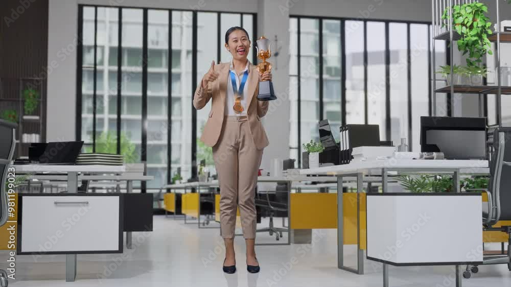 Full Body Of Asian Business Woman In A Suit With A Gold Medal And ...