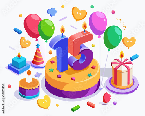 15th Birthday Vector With Cake, Balloons And Confetti