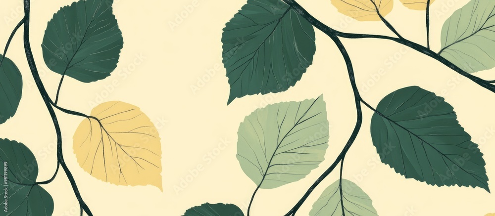 Obraz premium Stylized birch leaves featuring dark green veins in a flat design set against a light yellow backdrop