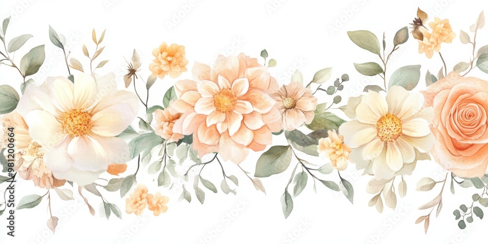 Obraz premium This enchanting watercolor wedding bouquet showcases a beautiful blend of soft hues, including delicate peach and cream flowers, making it an ideal choice for an elegant boho autumn theme celebration