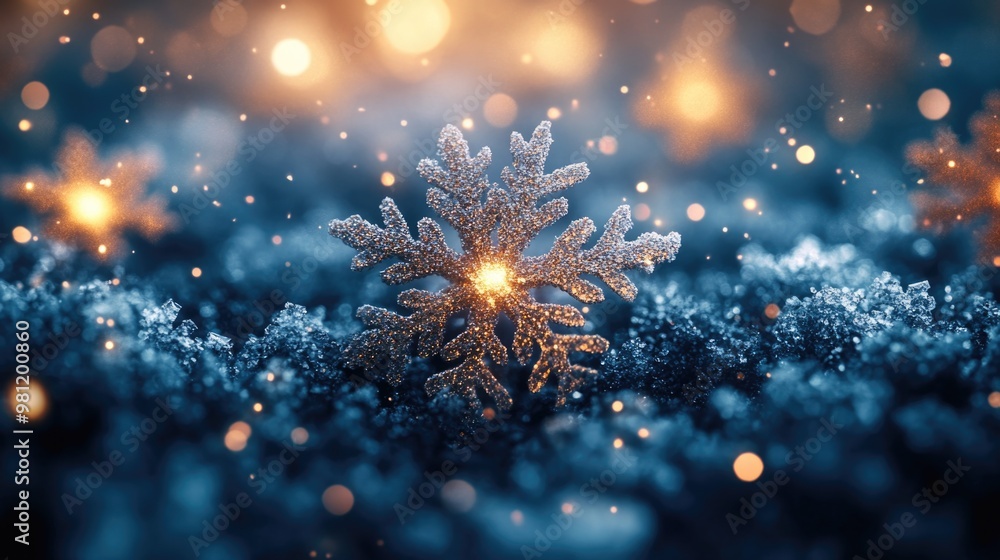 Fototapeta premium Colorful shiny winter background with snowflakes and bokeh light 