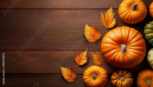 Top view of orange pumpkins on wooden background with autumnal leaves  photo