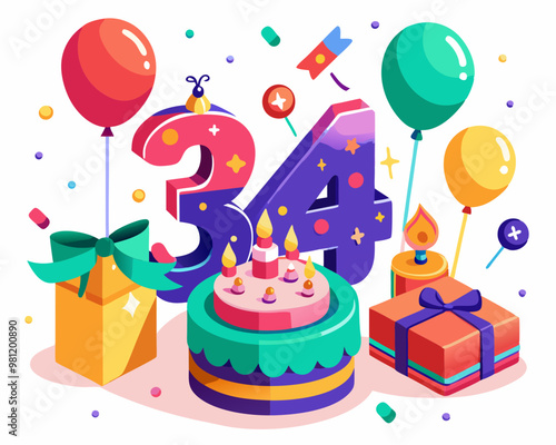 34 Birthday Vector With Cake, Balloons And Confetti