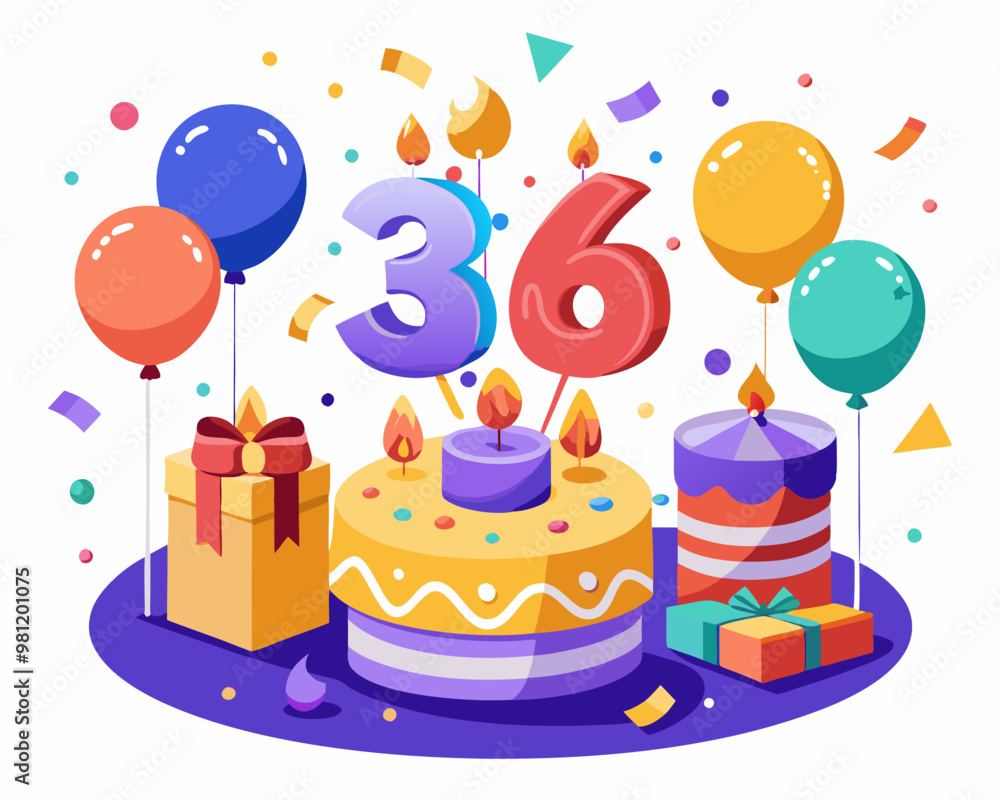 36th Birthday Vector With Cake, Balloons And Confetti 36th Birthday Vector With Cake, Balloons And Confetti