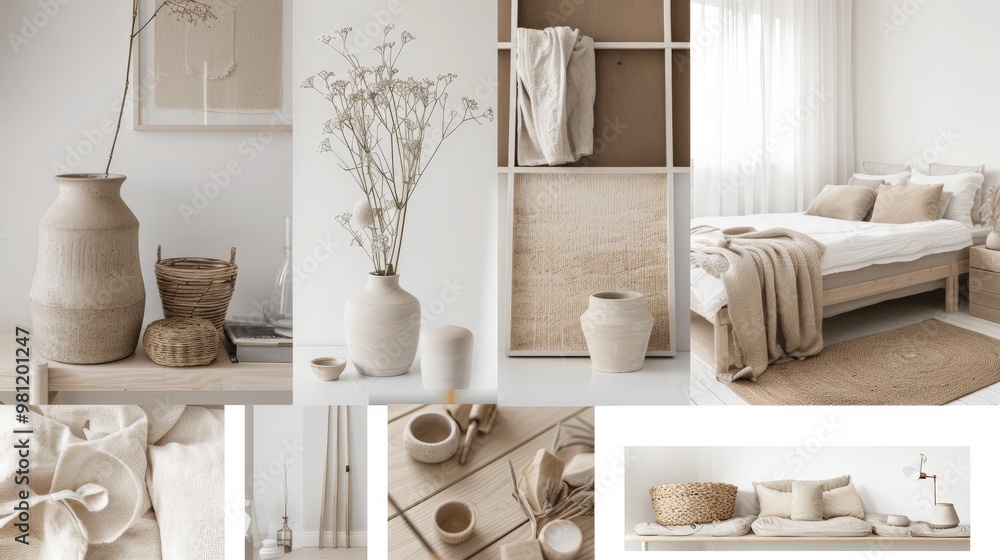 This moodboard showcases a blend of Scandinavian design elements with muted colors, natural materials, and minimalist decor, creating a tranquil atmosphere in a cozy living space This moodboard showcases a blend of Scandinavian design elements with muted colors, natural materials, and minimalist decor, creating a tranquil atmosphere in a cozy living space