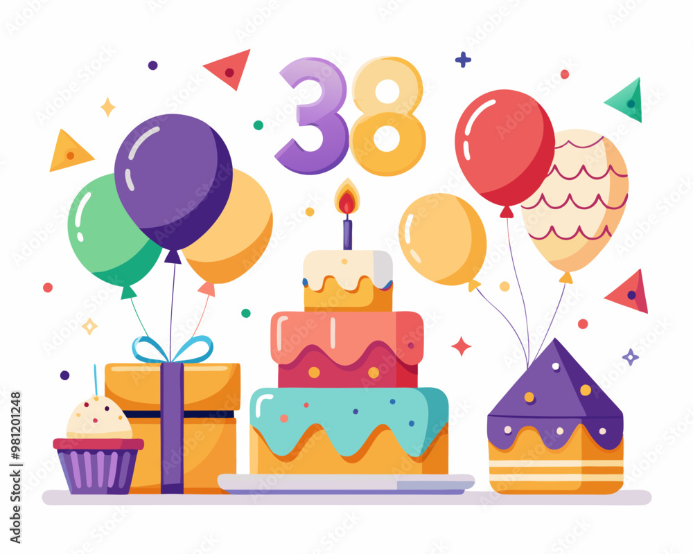 38th Birthday Vector With Cake, Balloons And Confetti 38th Birthday Vector With Cake, Balloons And Confetti