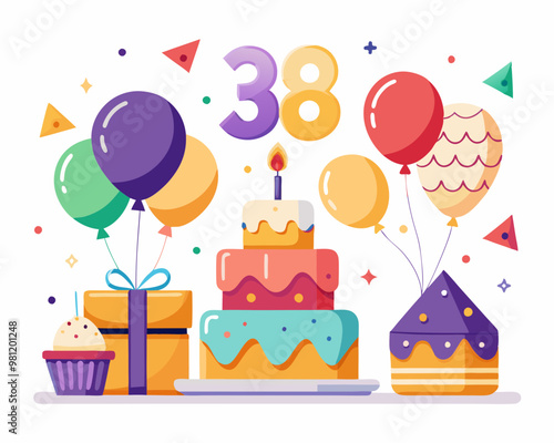 38th Birthday Vector With Cake, Balloons And Confetti