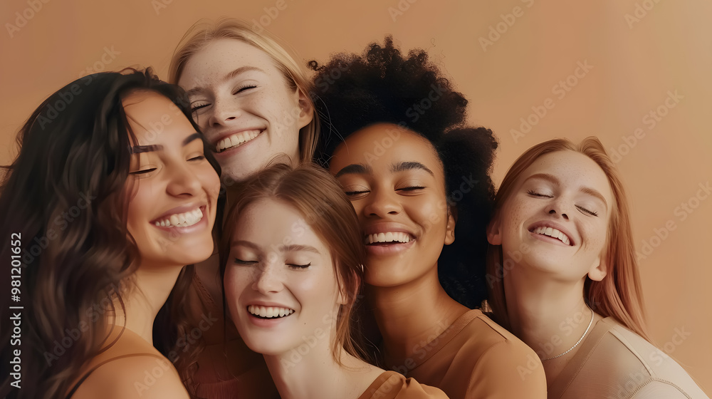 Diversity, beauty, and natural with women friends in the studio on a beige background to promote skincare. Portrait, face, and smile with a happy female and friend group indoors for luxury Diversity, beauty, and natural with women friends in the studio on a beige background to promote skincare. Portrait, face, and smile with a happy female and friend group indoors for luxury
