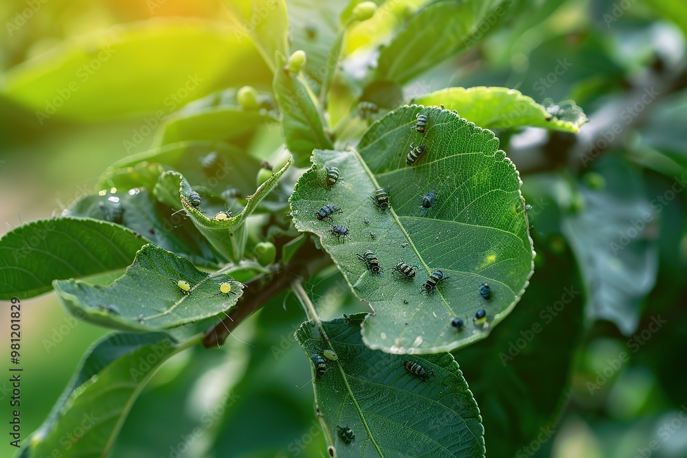 Ants and Aphids. Insect pests. Little black aphid Colony on a green ...