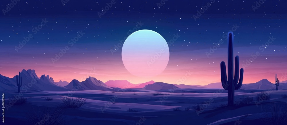 Naklejka premium Cartoon style flat desert landscape at night featuring a silhouetted cactus within a circular frame