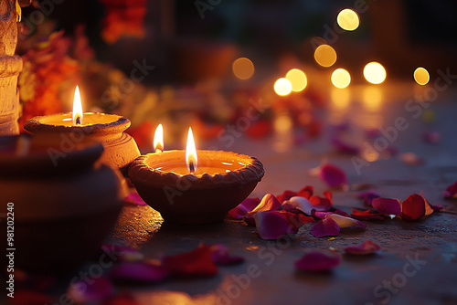 Celebrating Diwali festival, candles in temple with colorful background