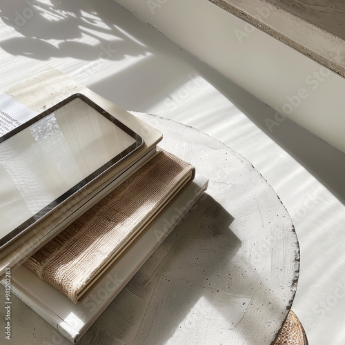 A close up view of an iPad Pro 12.9 resting on stack of books, showcasing serene workspace with soft natural light casting shadows. scene evokes calm and organized atmosphere photo