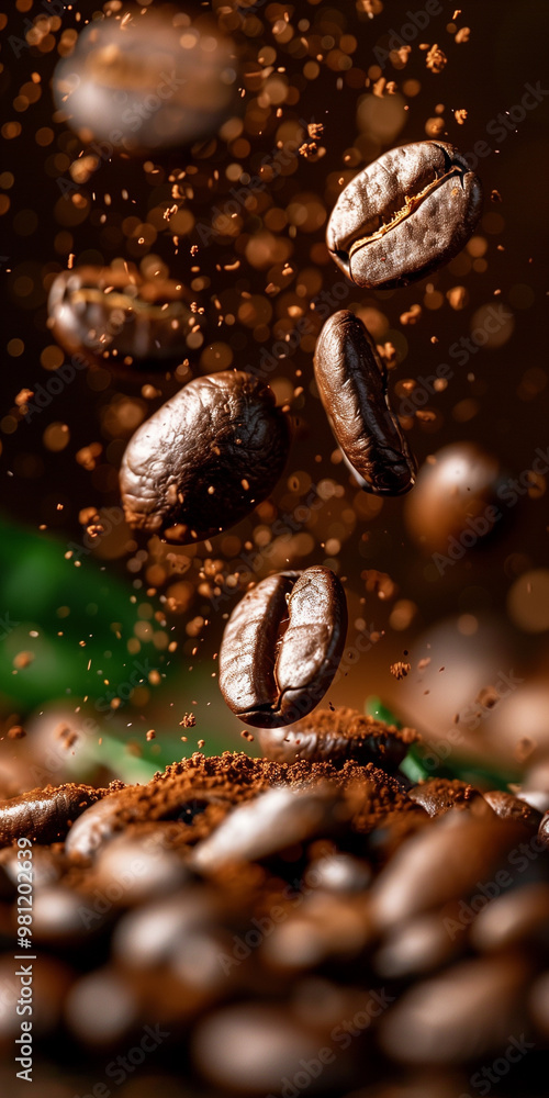 Coffee beans on dark background. Freshly roasted coffee beans flying through the air Coffee beans on dark background. Freshly roasted coffee beans flying through the air