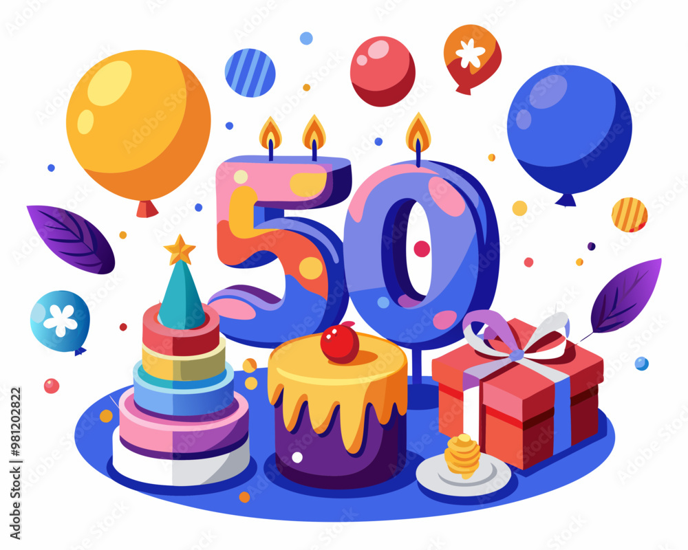 50th Birthday Vector With Cake, Balloons And Confetti 50th Birthday Vector With Cake, Balloons And Confetti