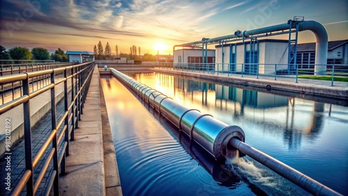 Transfer pipe in water purification plant holding tanks with water flowing through , water purification