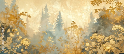 3D mural wallpaper featuring a pattern of golden flowers and grunge style forest trees Contemporary background decoration for bedroom walls